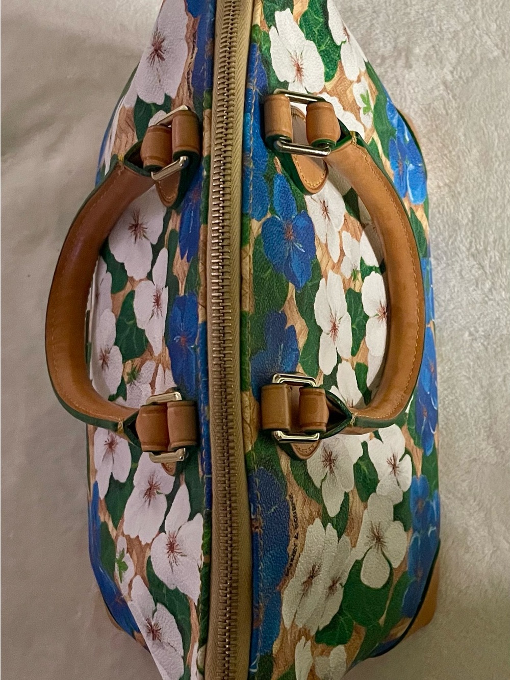 Dooney & Bourke satchel blue & white Pansies with a basket weave background. - Picture 3 of 15